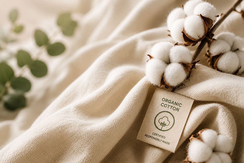 Organic cotton fabric with cotton bolls and a certified organic cotton label, representing sustainable natural fibres and certified organic textiles.