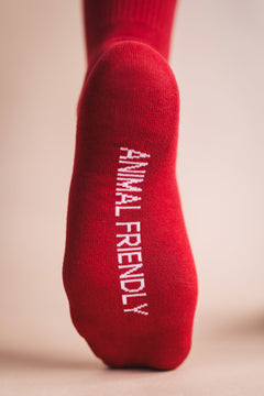 plant of a feet of a red sock with animal friendly written in it