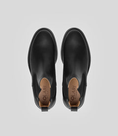 Vegan Chelsea Boot - Men, elegant black boots showing top view with a sleek design and stylish details.