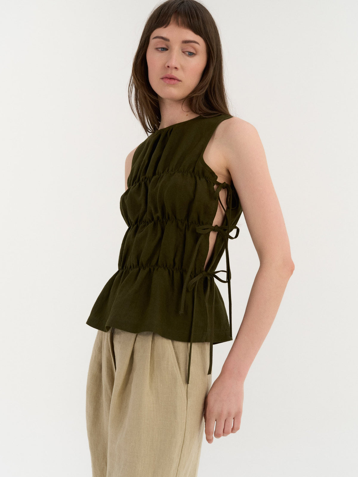 Eloise Gathered Top – Deep Olive by AmourLinen in European linen