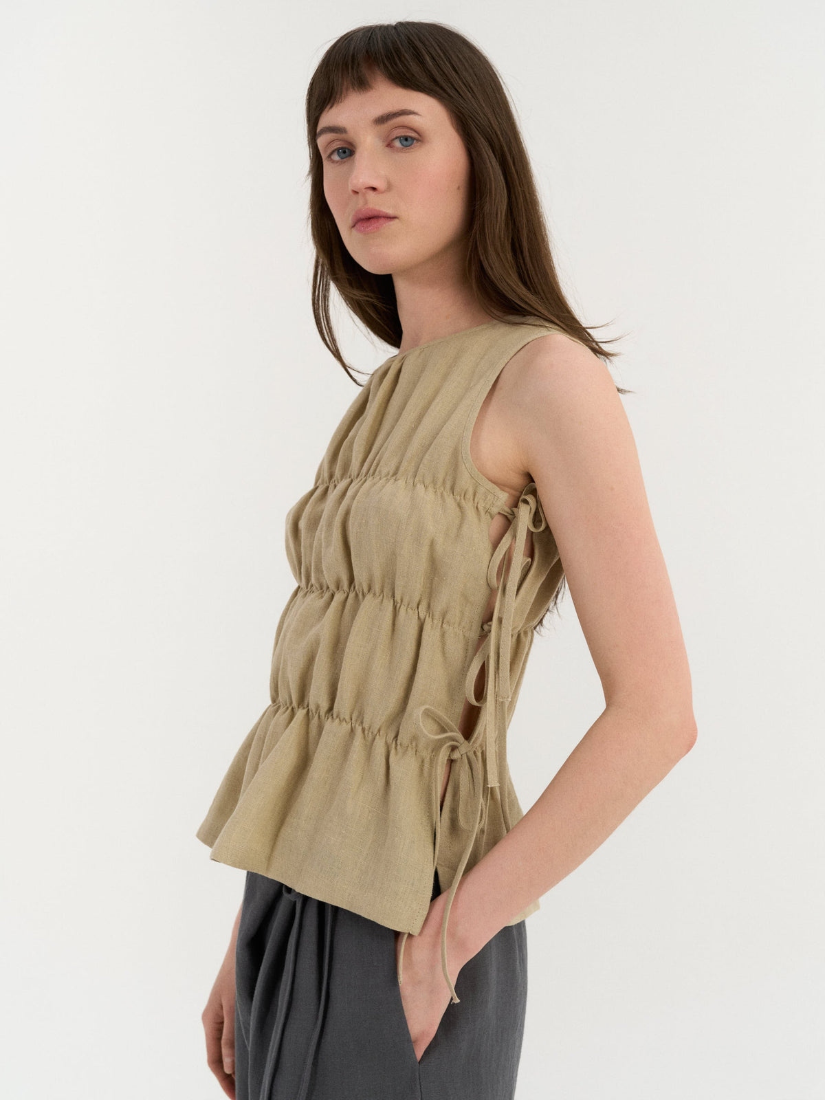 Eloise Gathered Top – Beige by AmourLinen in European linen