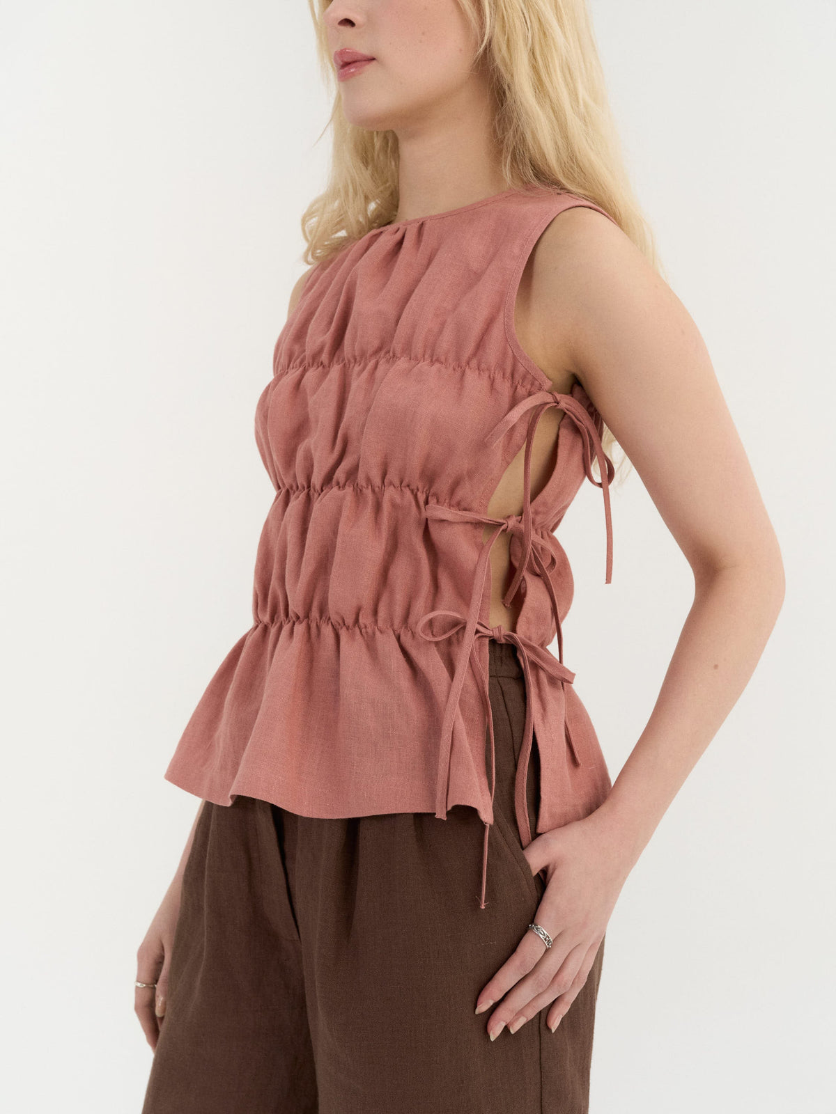 Eloise Gathered Top – Blush Pink by AmourLinen in European linen
