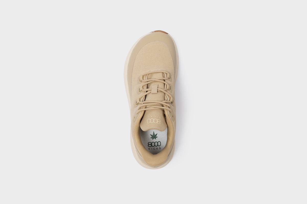 Trekker vegane Hanf-Wanderschuhe für Damen mit breiter Zehenbox in Beige – schräge Seitenansicht