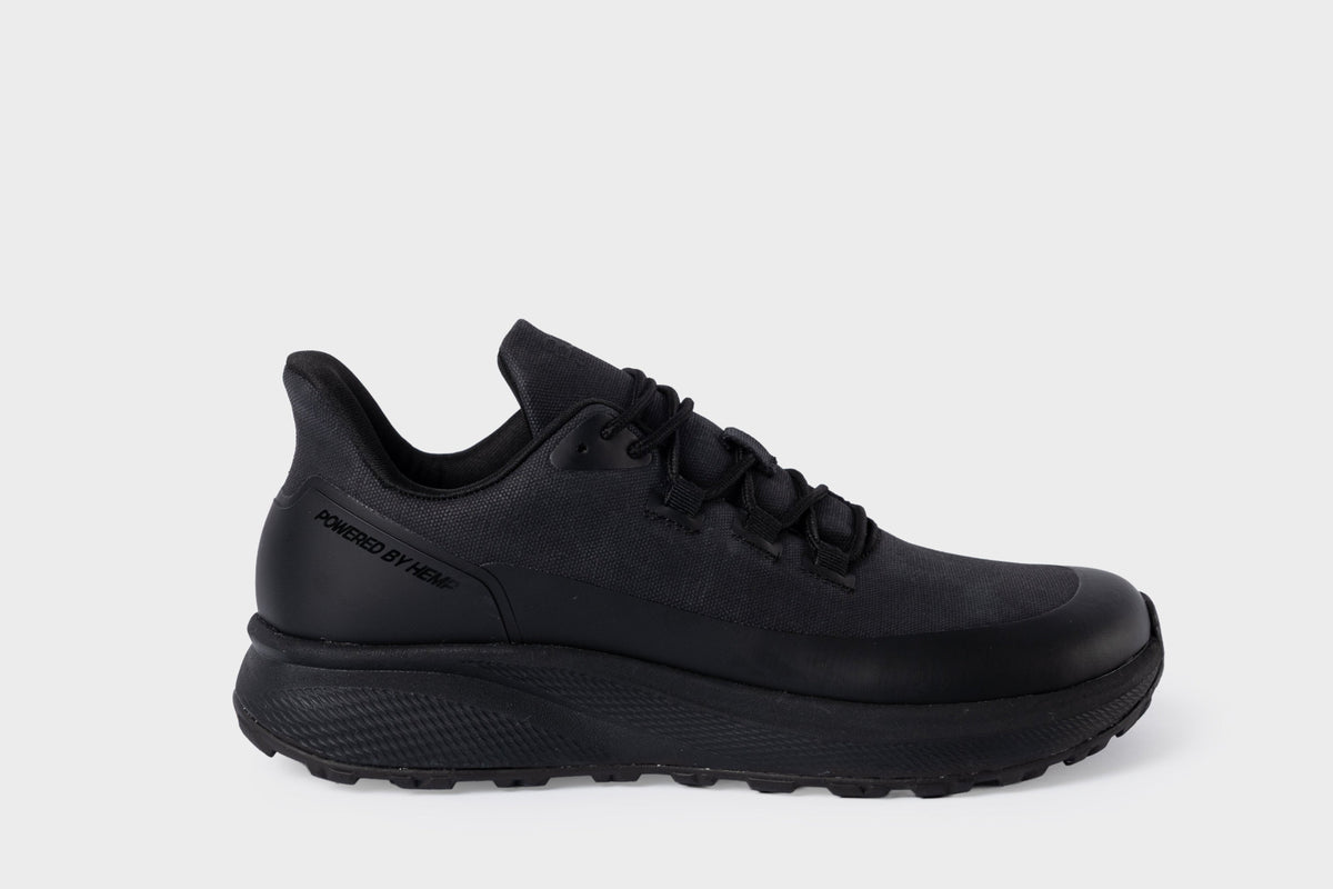 Trekker vegane Hanf-Wanderschuhe für Damen mit breiter Zehenbox in Schwarz – Seitenansicht