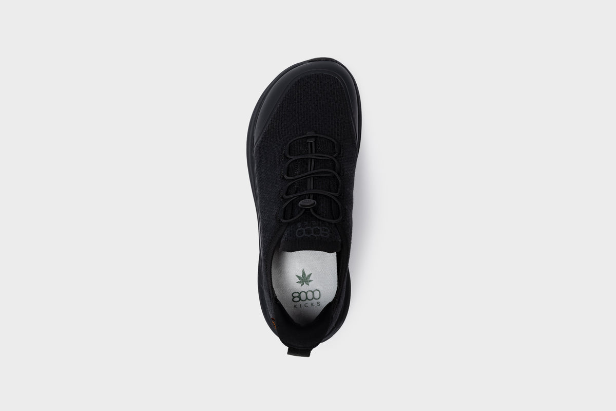 Shifter vegane Hanf-Wanderschuhe für Damen mit breiter Zehenbox in Schwarz – schräge Seitenansicht