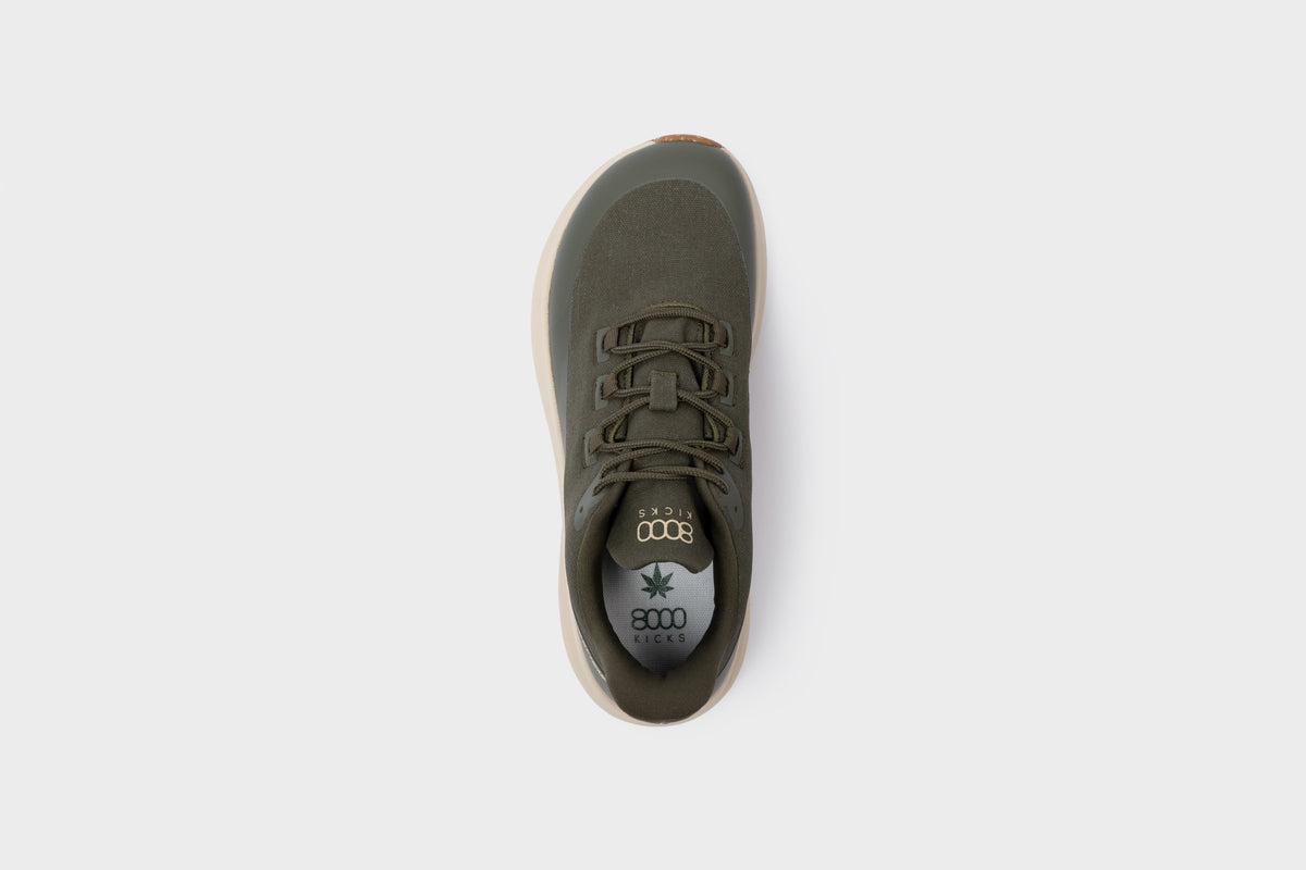 8000KICKS Trekker women's weatherproof vegan hemp sneakers with wide toe box in dark green – angled side view