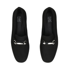 Black loafers with silver accents on a white background