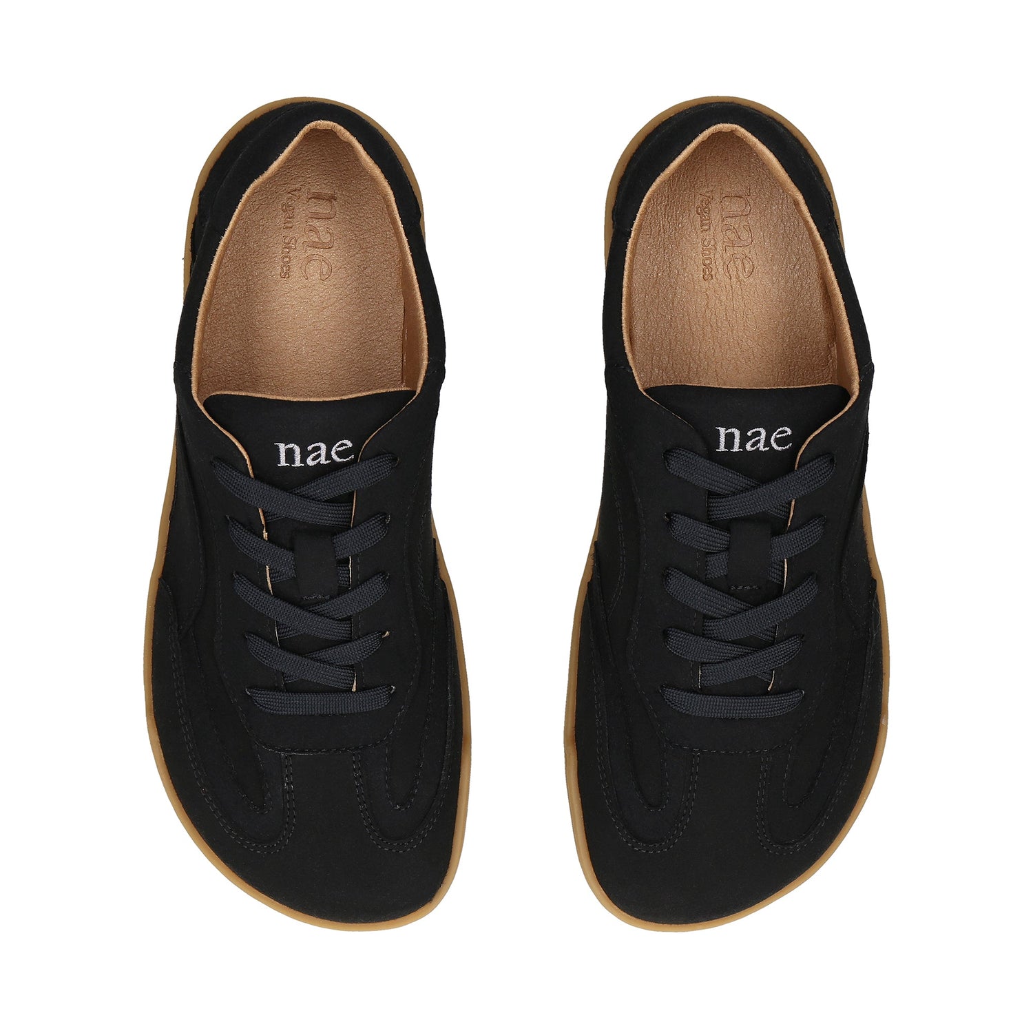 AYA Barefoot Black vegan barefoot sneaker side view — all-black vegan microsuede upper with gum rubber sole, handmade in Portugal