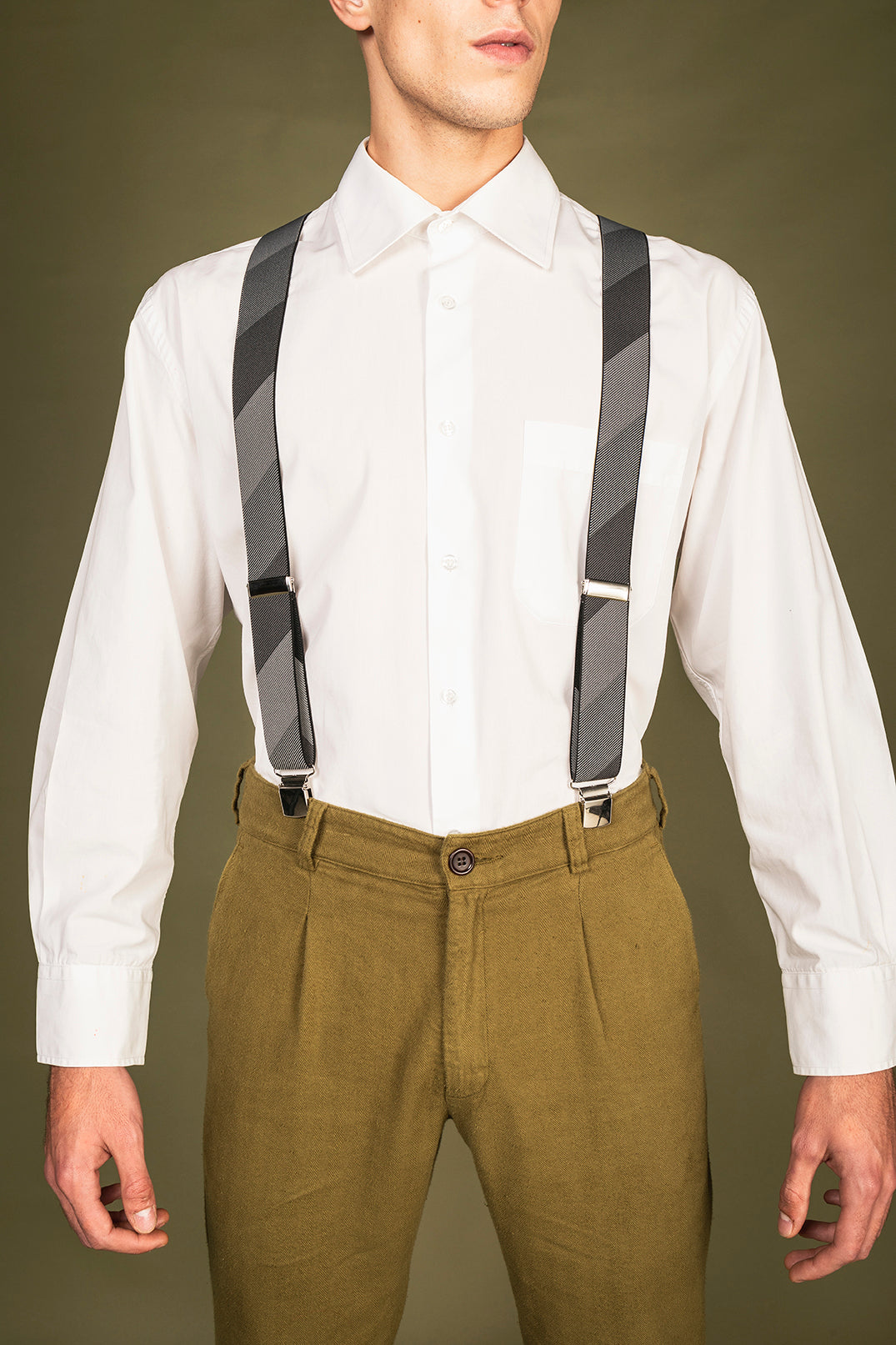 Men suspenders wearing pants and shirt ethical fashion from NAE Vegan Shoes