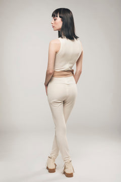 Bellamy ecru cotton piqué jumpsuit with contrast waist tie – back view