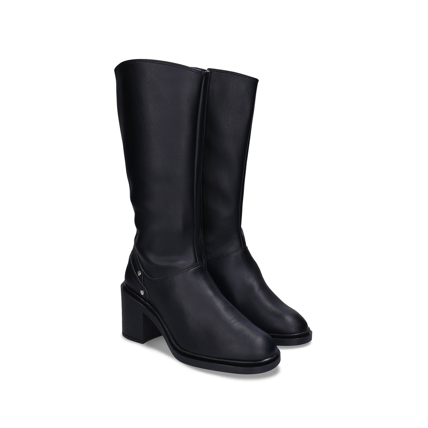 BETIA Black vegan knee-high heeled boot side view — sleek black silhouette with block heel and silver stud detail, made in Portugal