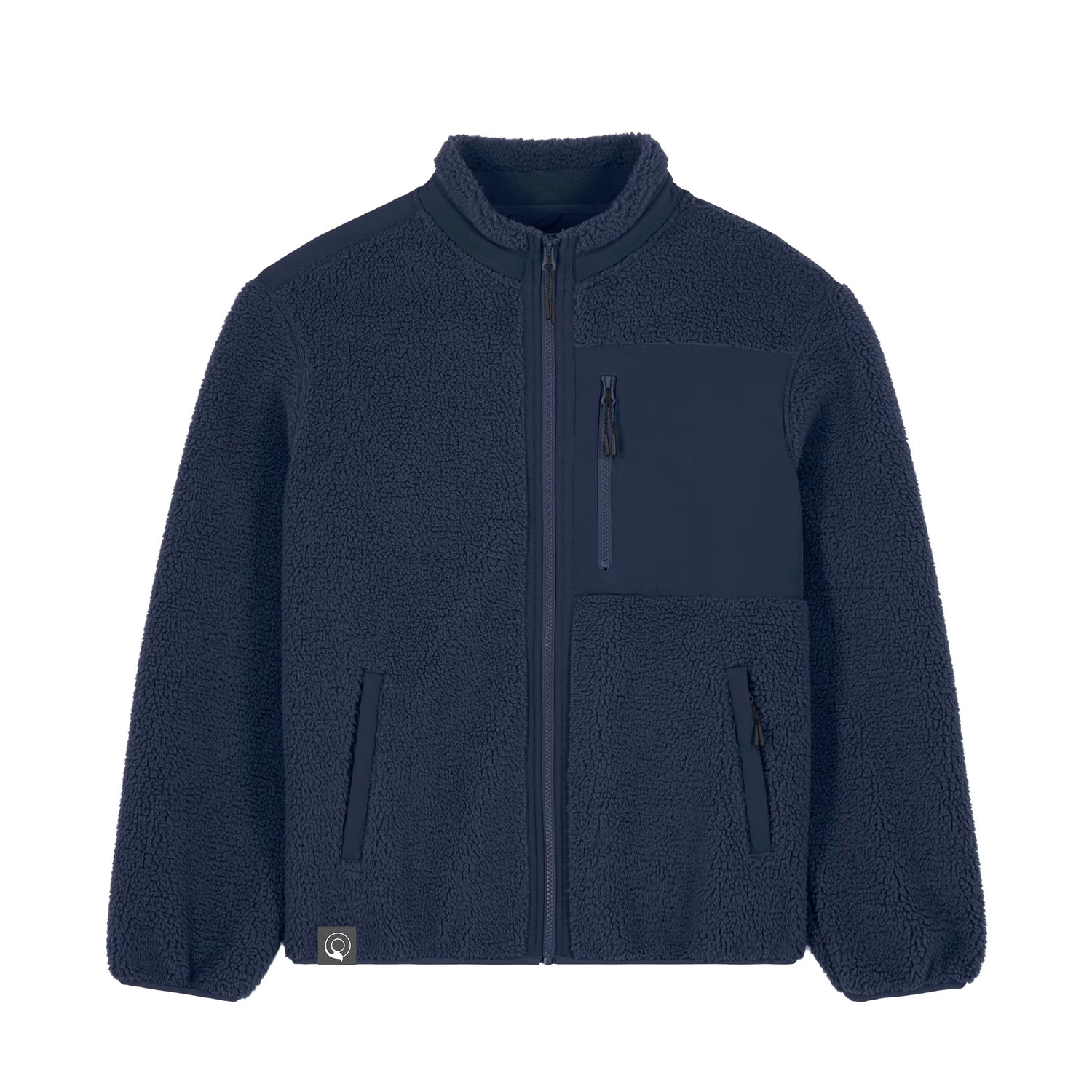 Vegan navy blue fleece jacket with zippers on a white background