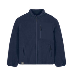 Vegan navy blue fleece jacket with zippers on a white background