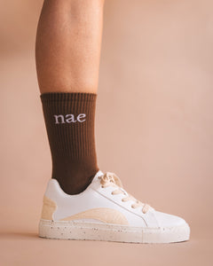 brown socks with vegan trainers NAE Vegan Shoes