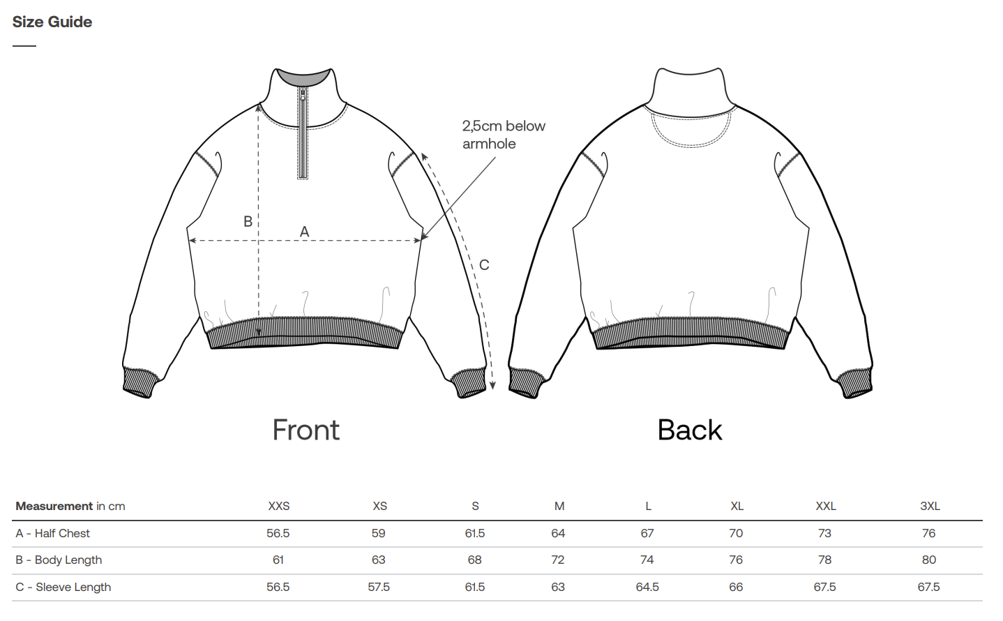 Size guide for sustainable sweater by NEW WORLD GUARDIANS with front and back views and measurement chart.