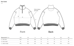 Size guide for sustainable sweater by NEW WORLD GUARDIANS with front and back views and measurement chart.