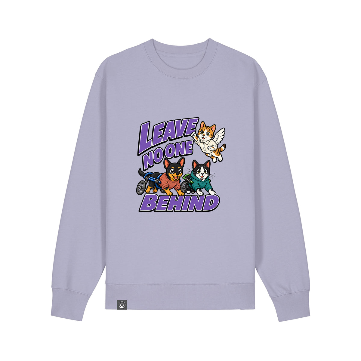 NEW WORLD GUARDIANS Leave No One Behind unisex organic cotton sweatshirt in lavender – front view