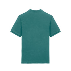Back view of the garment-dyed hydro blue unisex polo t-shirt – sustainable and ethically made fashion by New World Guardians.