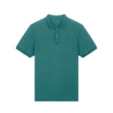 Front view of the garment-dyed hydro blue unisex polo t-shirt – sustainable and ethically made fashion by New World Guardians.