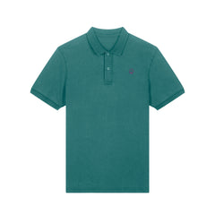 Front view of the garment-dyed hydro blue unisex polo t-shirt – sustainable and ethically made fashion by New World Guardians.