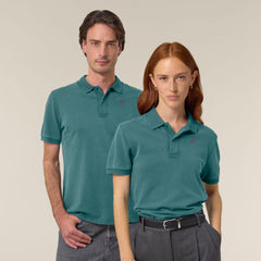 Female and male model wearing a garment-dyed hydro blue t-shirt – sustainable and ethically made fashion by New World Guardians.