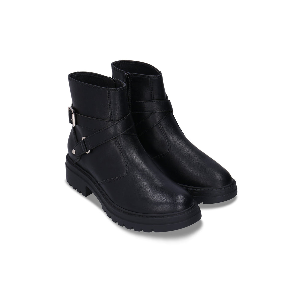 CODY Schwarze vegane Stiefeletten von vorne – komplett schwarze vegane Motorradstiefel für Damen mit runder Spitze