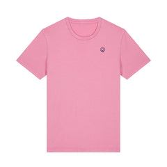 Front view of vintage-style bubble pink t-shirt made from sustainable organic cotton – eco-friendly fashion by New World Guardians