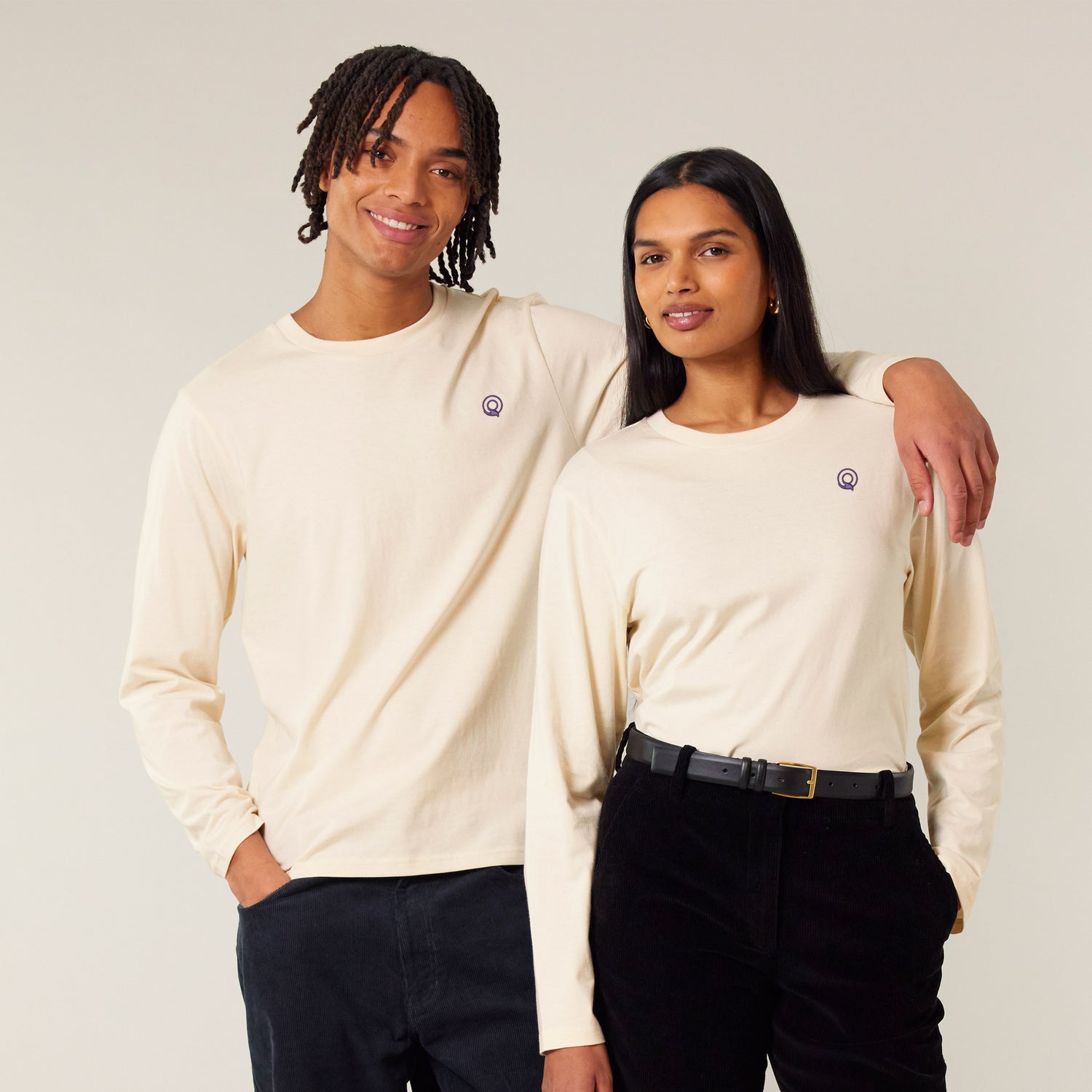 2 models wearing a natural raw long sleeve shirt – sustainable and ethically made fashion by New World Guardians.