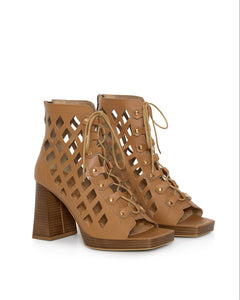 Brown lace-up heeled sandals made from vegan leather