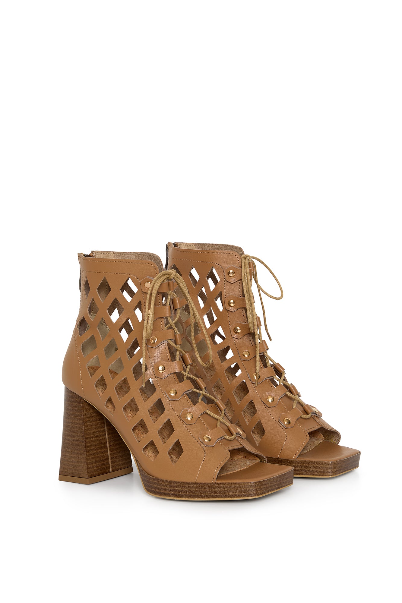 Brown Vegan Cut-Out Block Heel Sandals in Mushroom Leather