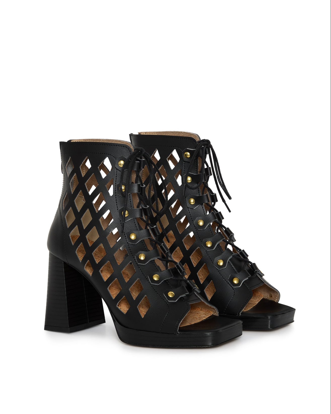Black lace-up high-heeled shoes in vegan leather