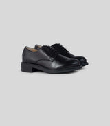 Vegan Derby - Woman black leather shoes with open lacing system for formal and casual occasions.