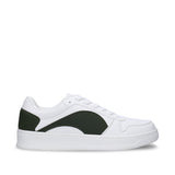 DOKA Green veganer Sneaker, Seitenansicht – veganer Unisex-Court-Sneaker in Weiß mit tiefgrünem, geschwungenem Einsatz