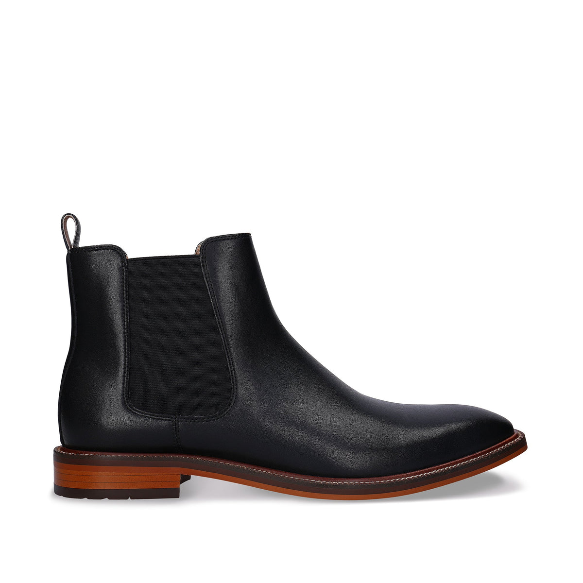 DUNCAN Schwarzer veganer Chelsea-Stiefel, Seitenansicht – veganer Herrenstiefel ganz in Schwarz mit Schichtholz