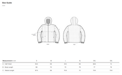 Size guide for a vegan winterjacket with measurements in centimeters.