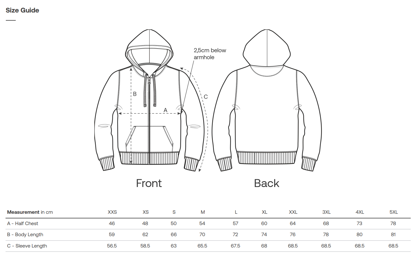 Size guide for a vegan zip hoodie with front and back views and measurement chart.