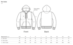 Size guide for a vegan zip hoodie with front and back views and measurement chart.