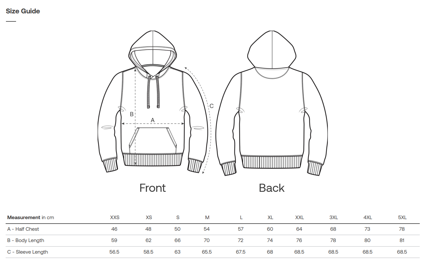 Size guide for a Earth sustainable hoodie showing front and back views with measurements.