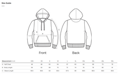 Size guide for a Earth sustainable hoodie showing front and back views with measurements.