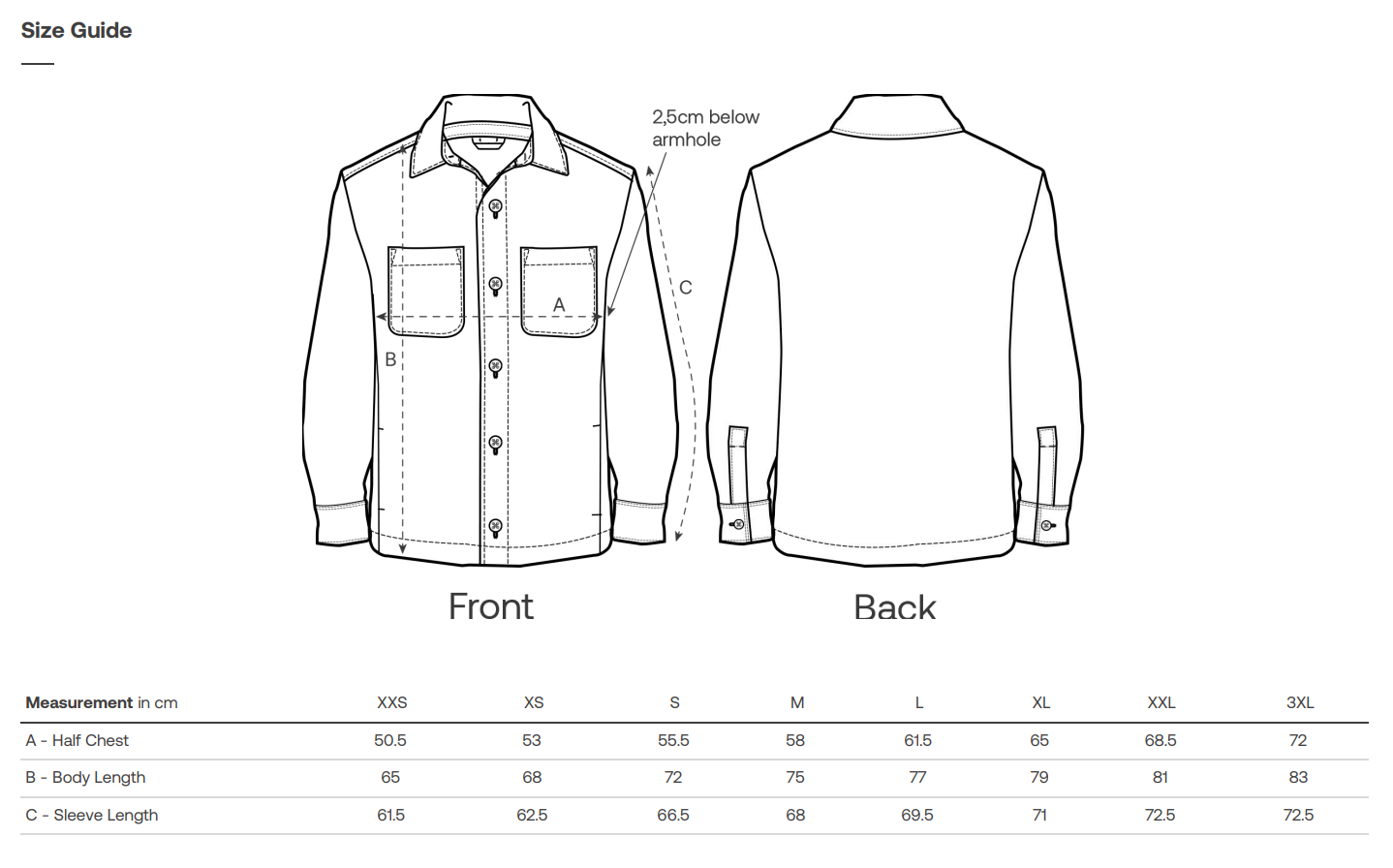 Size guide for a vegan shirt Jacket with front and back views and measurements.