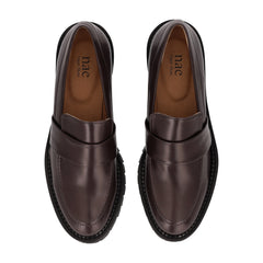 Women brown loafers flat shoes moccasin in vegan leather microfibers ridged sole