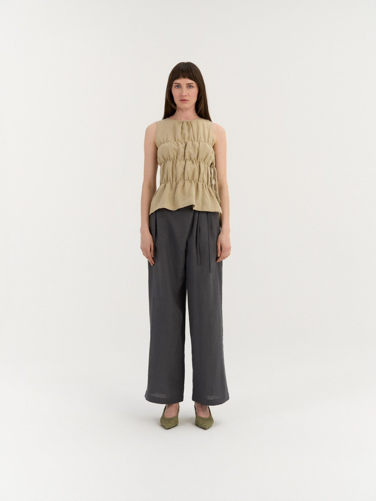 Eloise Gathered Top – Beige by AmourLinen – alternate view