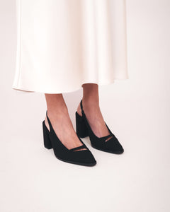 Damen vegane schwarze Pumps mit hohem Absatz – spitze Form, Slingback