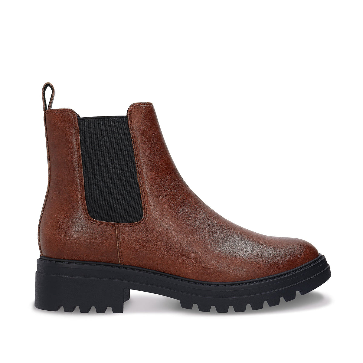 EVIE Braunes veganes Chelsea-Stiefel-Detail – elastisches Seitenteil und klobige Profilsohle in warmem Braun