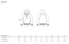 Size guide for a Guardian vegan hoodie with measurements.