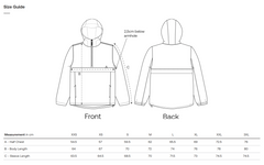 Size guide for a vegan rain-jacket with front and back views and measurement chart.