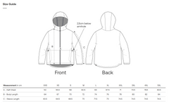 Size guide for a sustainable multi function jacket with front and back views, measurements, and size chart.