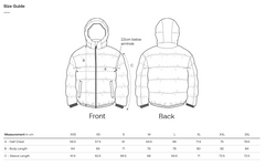 Size guide for a Guardian winter jacket showing front and back views with measurements.