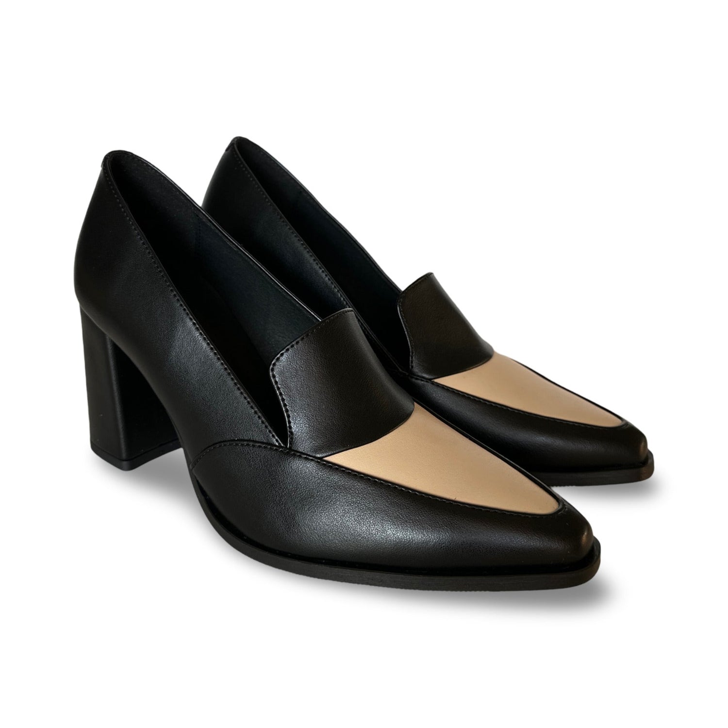JULIA Black & Beige - Vegan Heeled Loafers in Apple Leather