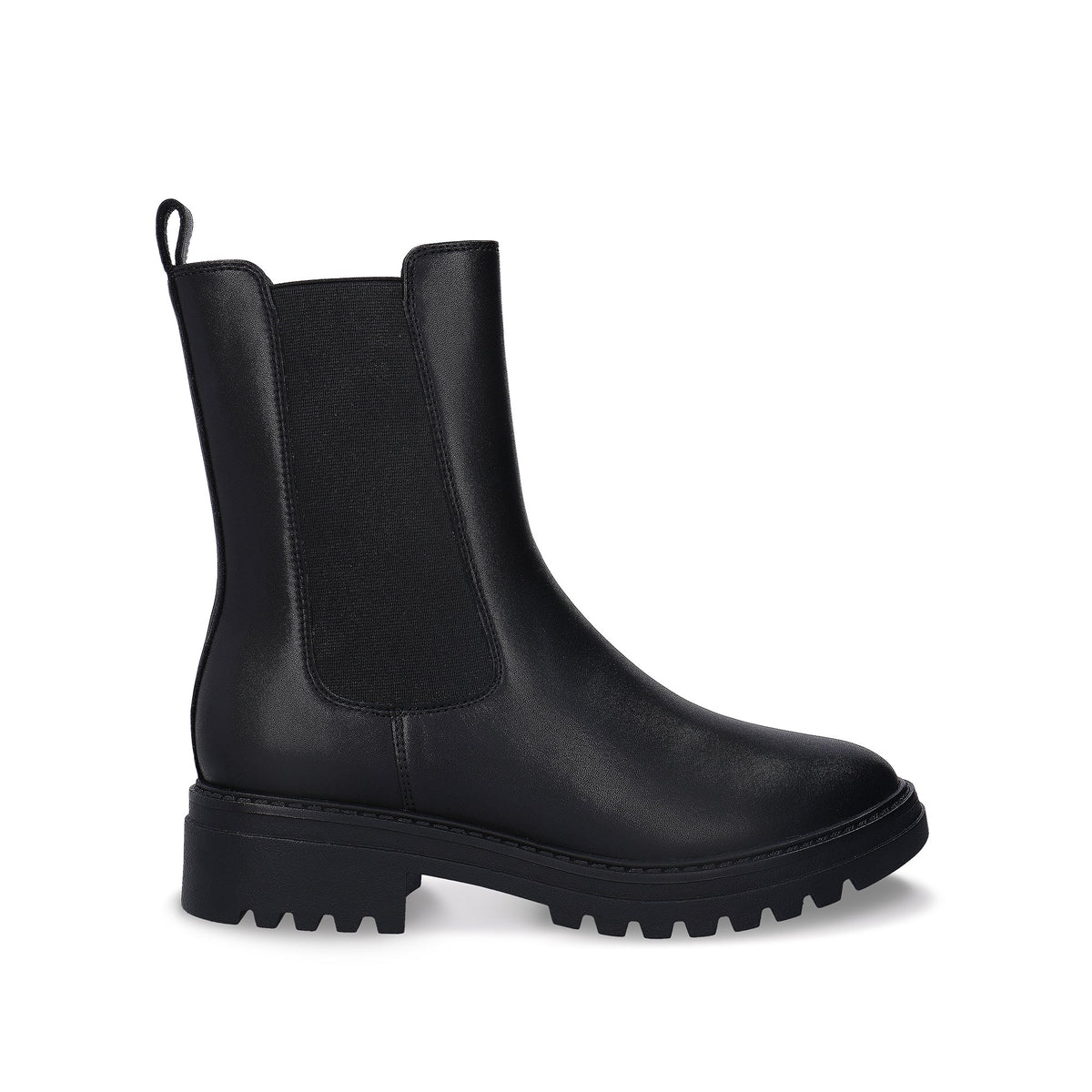 KIMBER Schwarzer veganer Chelsea-Stiefel in der Mitte der Wade, Seitenansicht